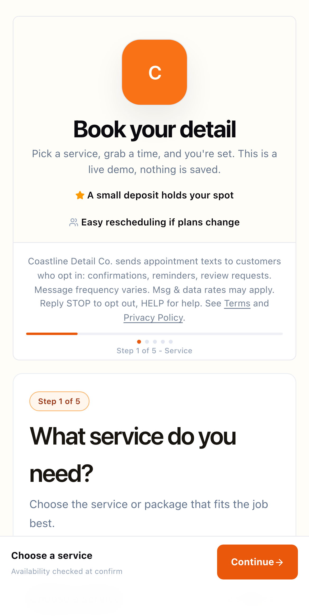 Booking Page on mobile