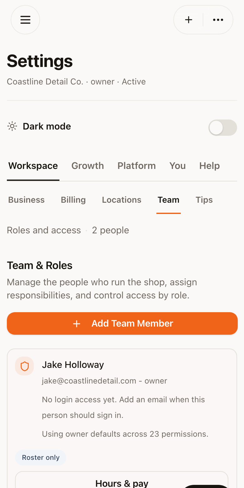 Team Access on mobile